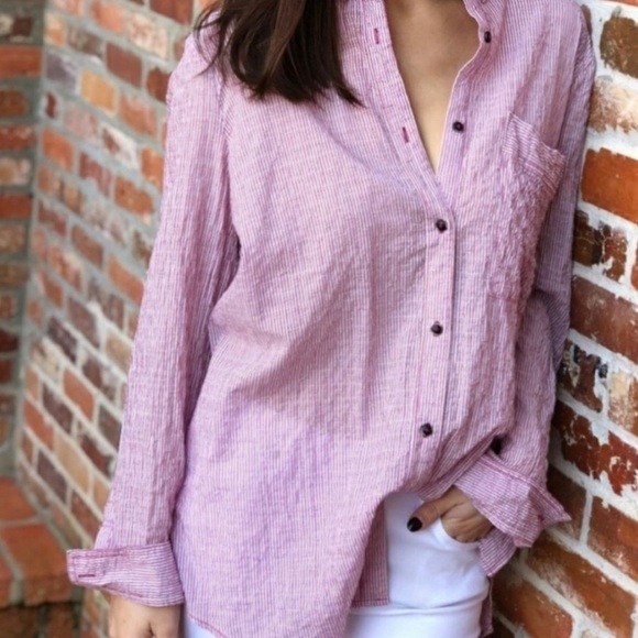 Free People No Limits Striped Split Back Top Red Pink Sangria Combo Button Front - Picture 2 of 12